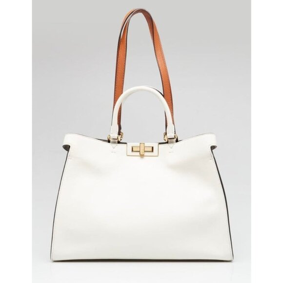 Pre-owned Fendi Vitello Seta Century Peekaboo Small X-Tote White Brandy - Picture 1 of 14